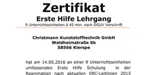 Zertifikat über Erste Hilfe Schulung für Mitarbeiter von babyplast