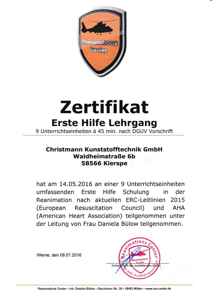 Zertifikat über Erste Hilfe Schulung für Mitarbeiter von babyplast